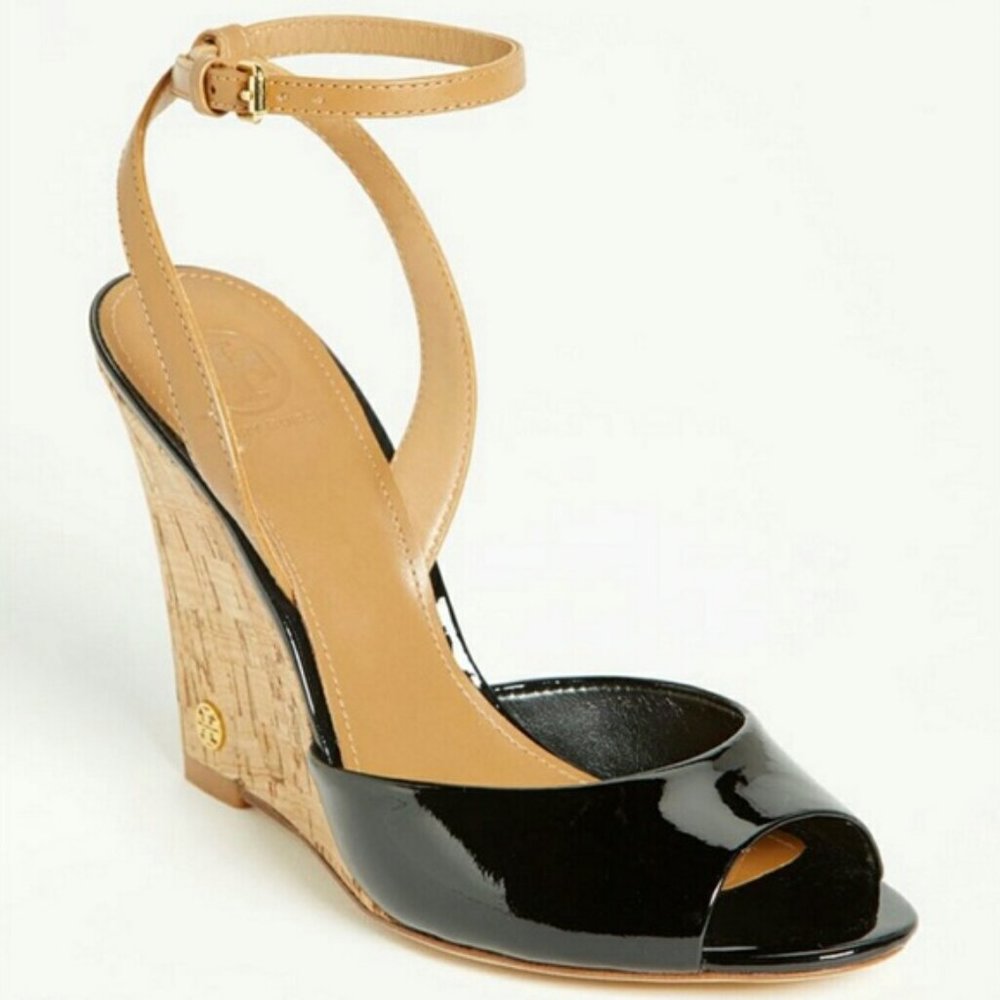 Tory Burch Ashton Black Patent Sculpted Wedge Heels Size 7